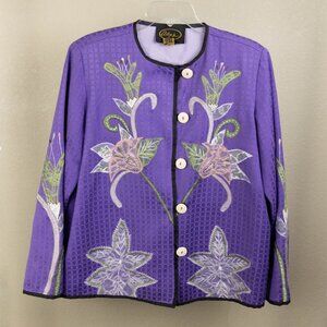 Alex Kim Embroidered Floral Jacket • Purple Woven Jacquard • Vintage M